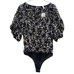 NEW Free People Floral Bodysuit Tie Back Flat Pleats Viscose Cotton Womens Small